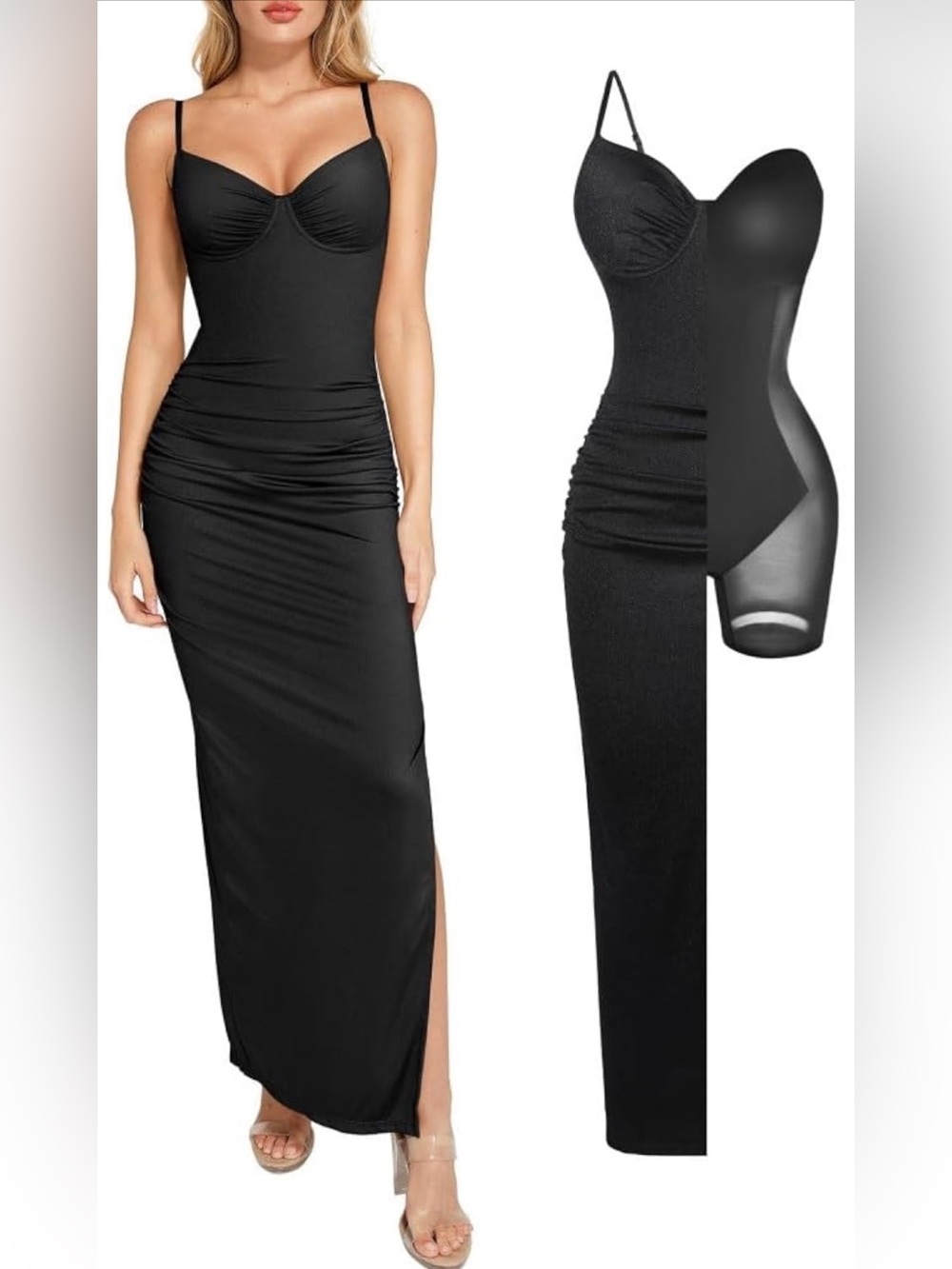 Popilush Black Ruched Maxi Dress with Built-In Shapewear and Underwire Bra
